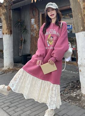 大码胖mm早秋卫衣裙蕾丝拼接长袖2026秋宽松减龄小个子长款连衣裙