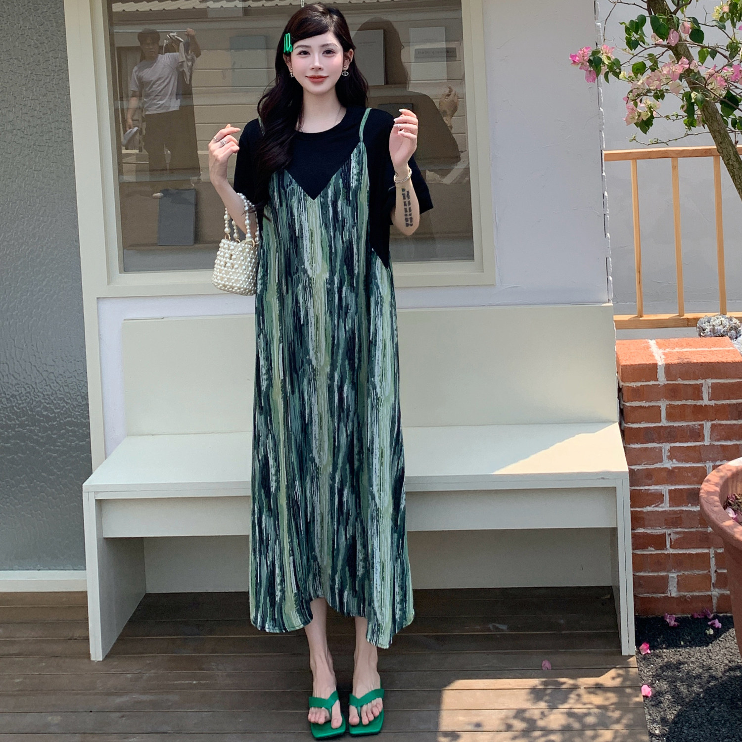 巨好看拼接大码连衣裙女夏宽松胖mm孕妇遮肚显瘦减龄假两件T恤裙