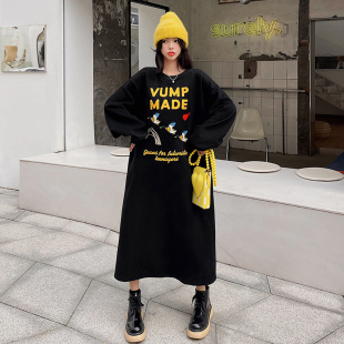 胖mm连衣裙女拼接裙摆大码女装新款韩版2025显瘦T恤裙长袖卫衣裙