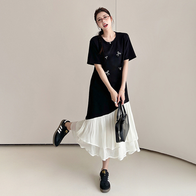 黑色超长款假两件T恤裙女夏季大码宽松显瘦不规则气质短袖连衣裙