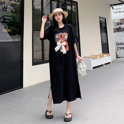 微胖mm巨显瘦穿搭宽松遮肉大码t恤裙女短袖纯棉夏装2025新款长裙