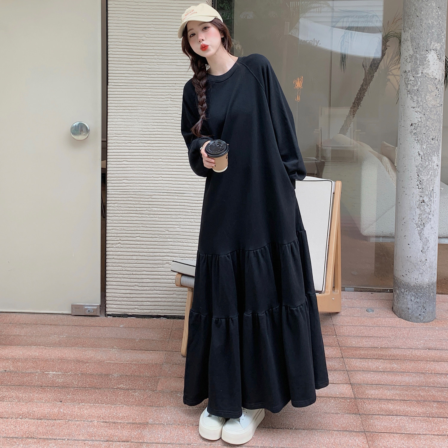 实拍 2026秋季新款/小众设计长款拼接荷叶边裙摆卫衣连衣裙女
