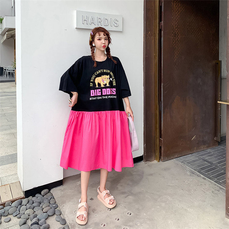 短袖大码女胖mm遮肚子夏季女中长款2026夏新款宽松减龄洋气连衣裙