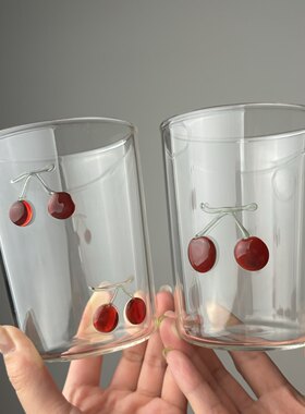 创意手绘立体樱桃浮雕玻璃杯