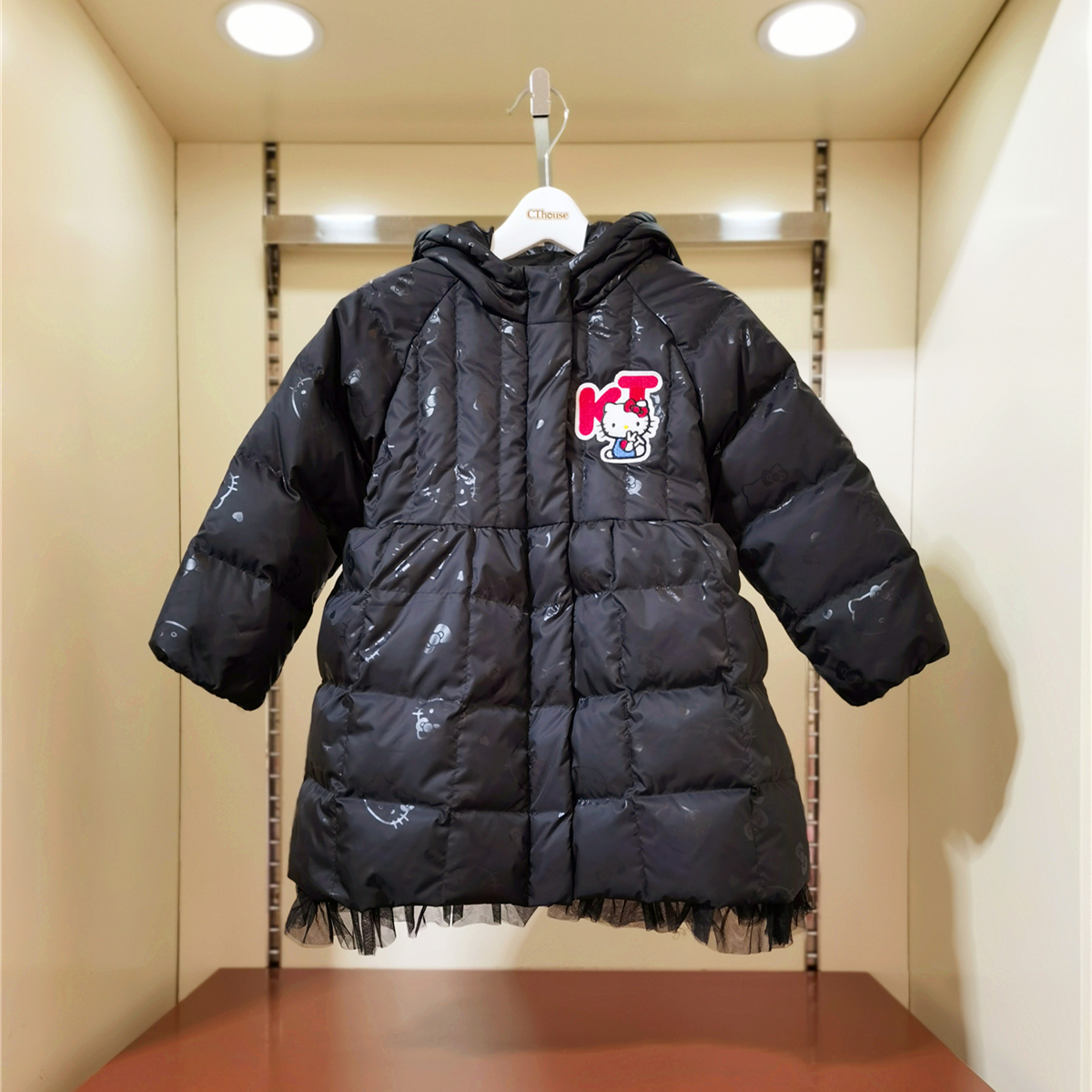 Hellokitty女童装秋冬加厚裙摆纱裙印花羽绒服90绒白鸭绒中长款