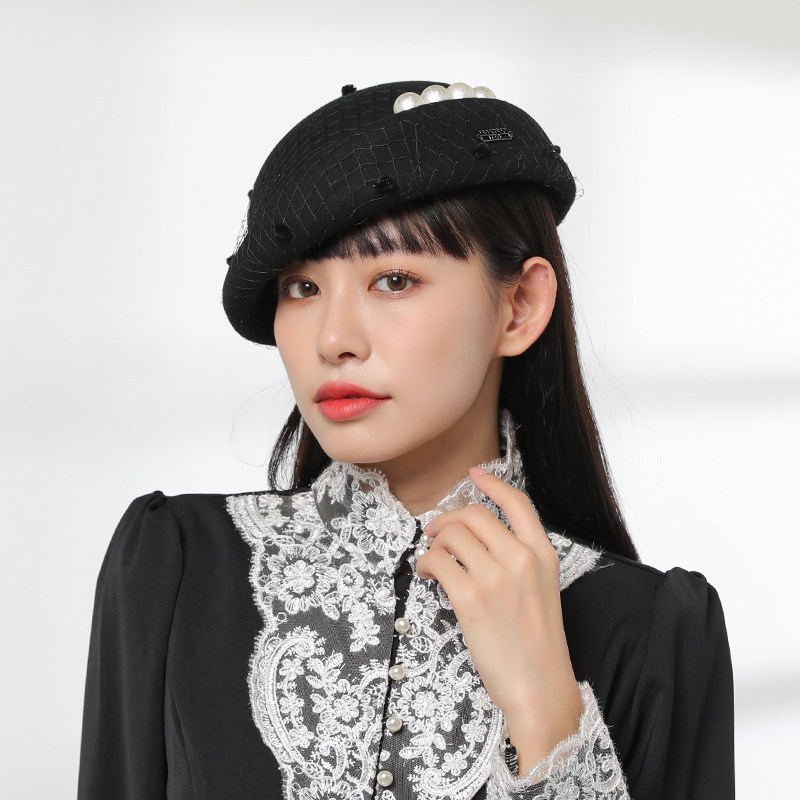 诗丹凯萨2023新品帽子女秋冬季复古贝雷帽女名媛小礼帽女网纱珍珠