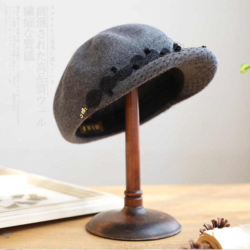 诗丹凯萨 八角帽女 秋冬英伦贝雷帽时尚蕾丝毛呢蓓蕾帽画家帽子女