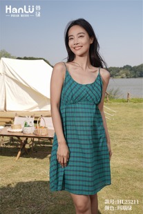 睡裙女纯棉格子吊带裙家居服轻时尚 韩绿25年夏款 舒适睡裙HL25211