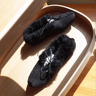 HOME WORK原创设计真皮毛一体手工温暖毛毛外穿低帮女雪地靴黑色