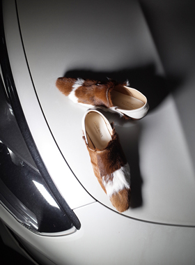 HOME WORK原创设计师手工拼接拼色山羊毛尖头两穿单鞋babouche