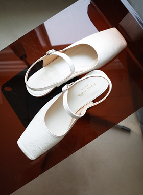 HOME WORK原创设计师时髦方头褶皱牛皮鱼嘴镂空玛丽珍粗跟女鞋