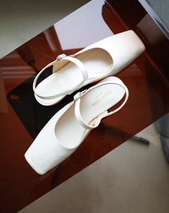 HOME WORK原创设计师时髦方头褶皱牛皮鱼嘴镂空玛丽珍粗跟女鞋