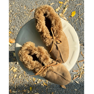 HOME WORK原创设计真皮毛一体手工温暖毛毛外穿低帮雪地靴卡其棕