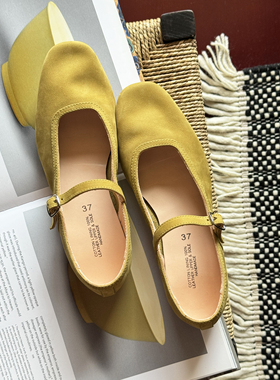 HOME WORK原创设计优雅时髦春夏磨砂牛皮芥末黄手工玛丽珍芭蕾鞋