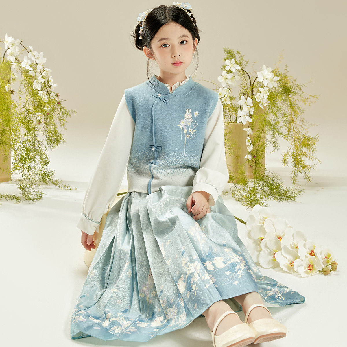 小虎帕蒂春秋中大女童小兔刺绣中式马甲马面裙三件套国风汉服套装