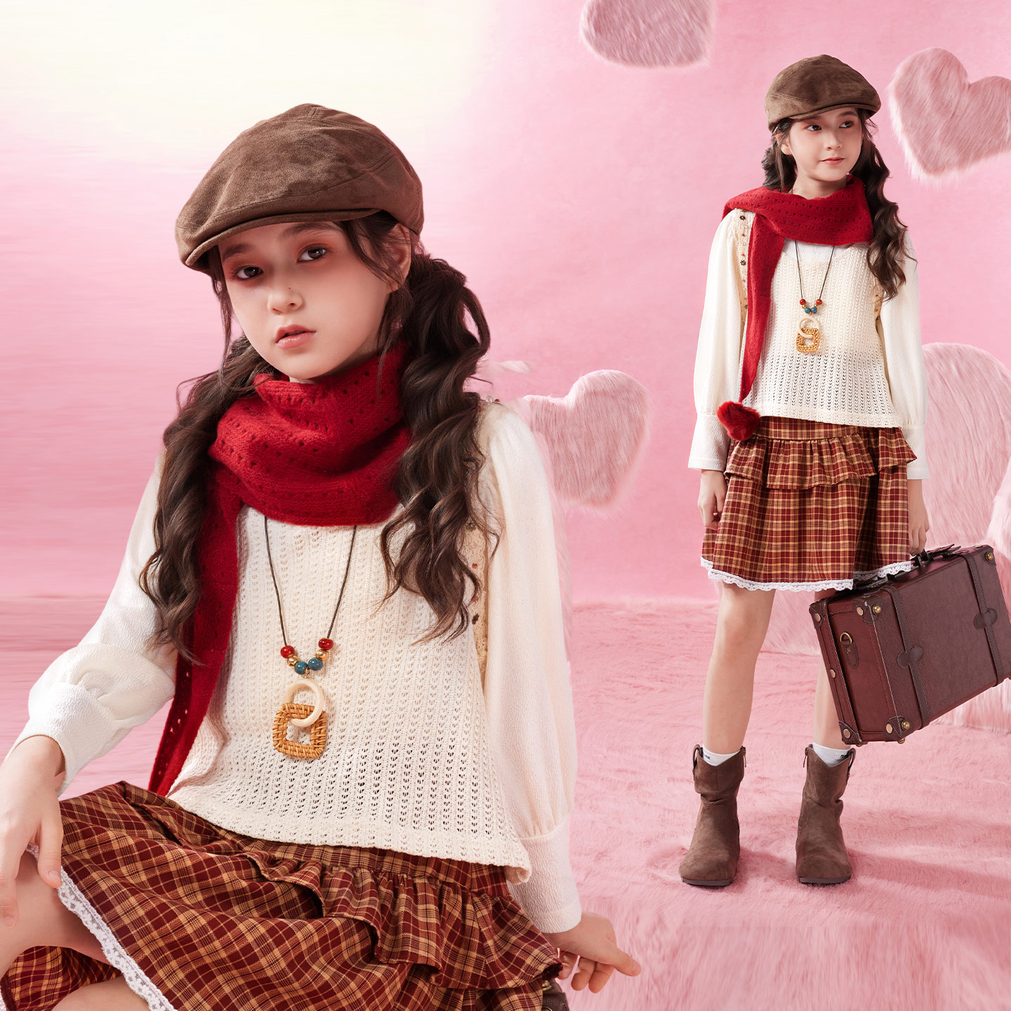 小虎帕蒂秋季新款女童针织背心打底衫格纹短裙三件套秋冬套装