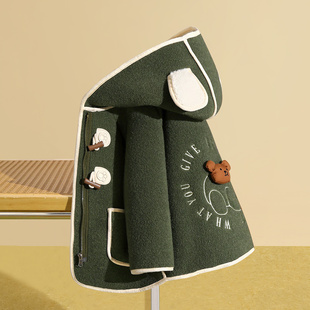 小虎帕蒂绒面小熊保暖外套秋冬保暖女童外套休闲宽松可爱墨绿外套