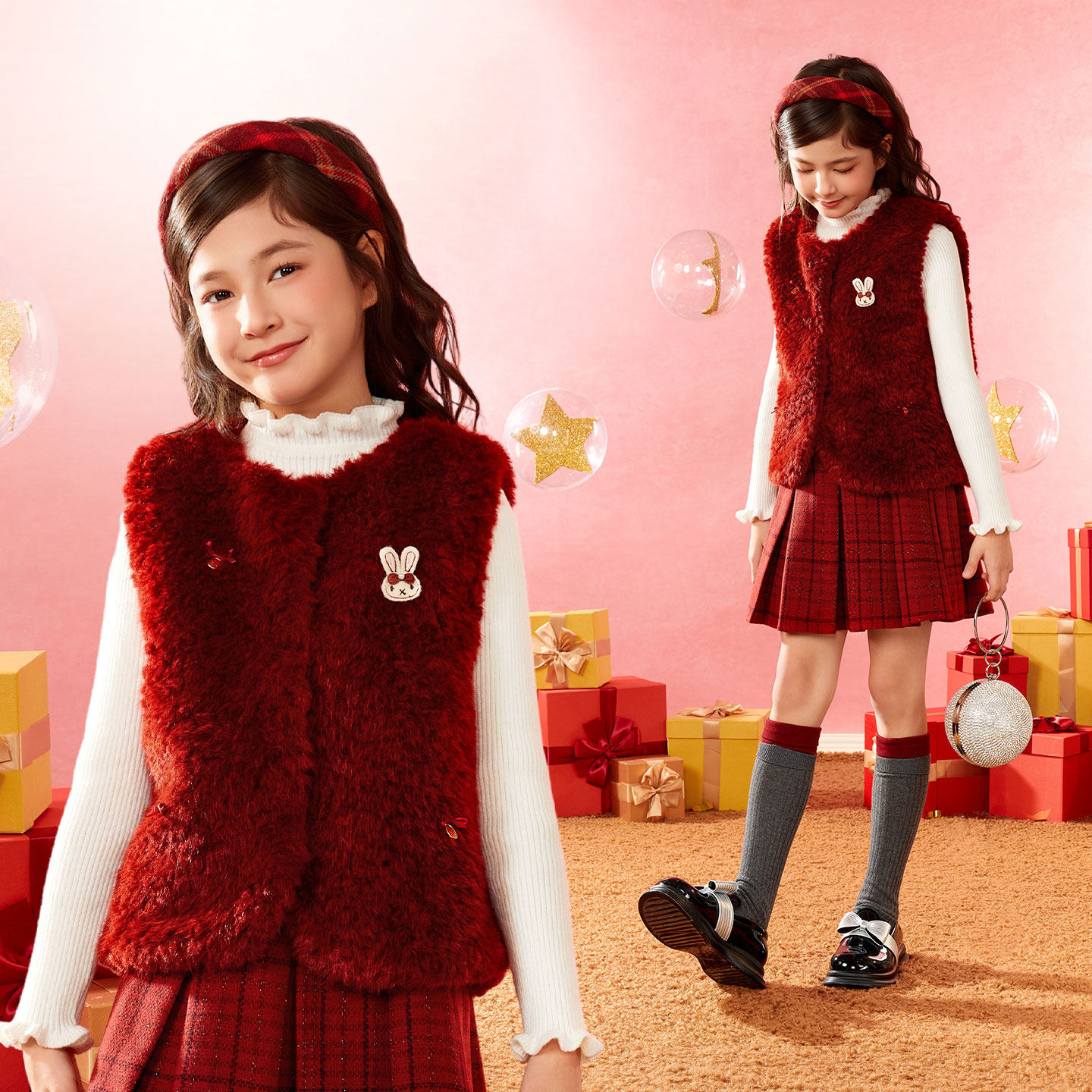 小虎帕蒂女童冬装新款可爱小兔毛绒马甲针织衫短裙三件套节庆套装,童装/婴儿装/亲子装,套装,淘宝优惠券,粉丝福利购,淘宝优惠卷