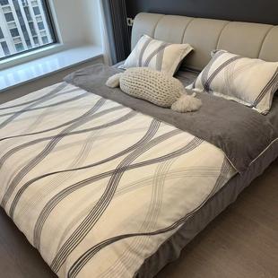 冬季新款牛奶绒床上四件套简约大气条纹珊瑚绒被套床单保暖法兰绒