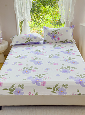 清新紫色花全棉床笠单件纯棉床罩全包床套席梦思防尘套床垫保护套