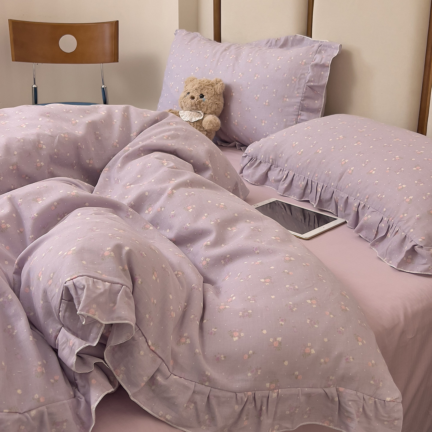 2026新款韩版紫色小碎花纯棉床上四件套全棉双层纱宿舍三件套被套