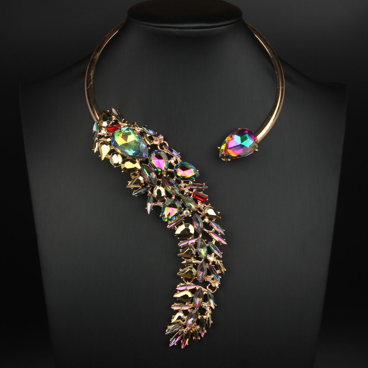 欧美时尚夸张简约开口项圈水钻羽毛造型吊坠女气质百搭项链配饰品