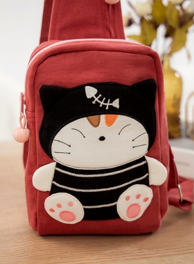 可爱啵啵猫 LB25-015 卡通恶魔胸包斜背包后背包棉布帆布包精致袋