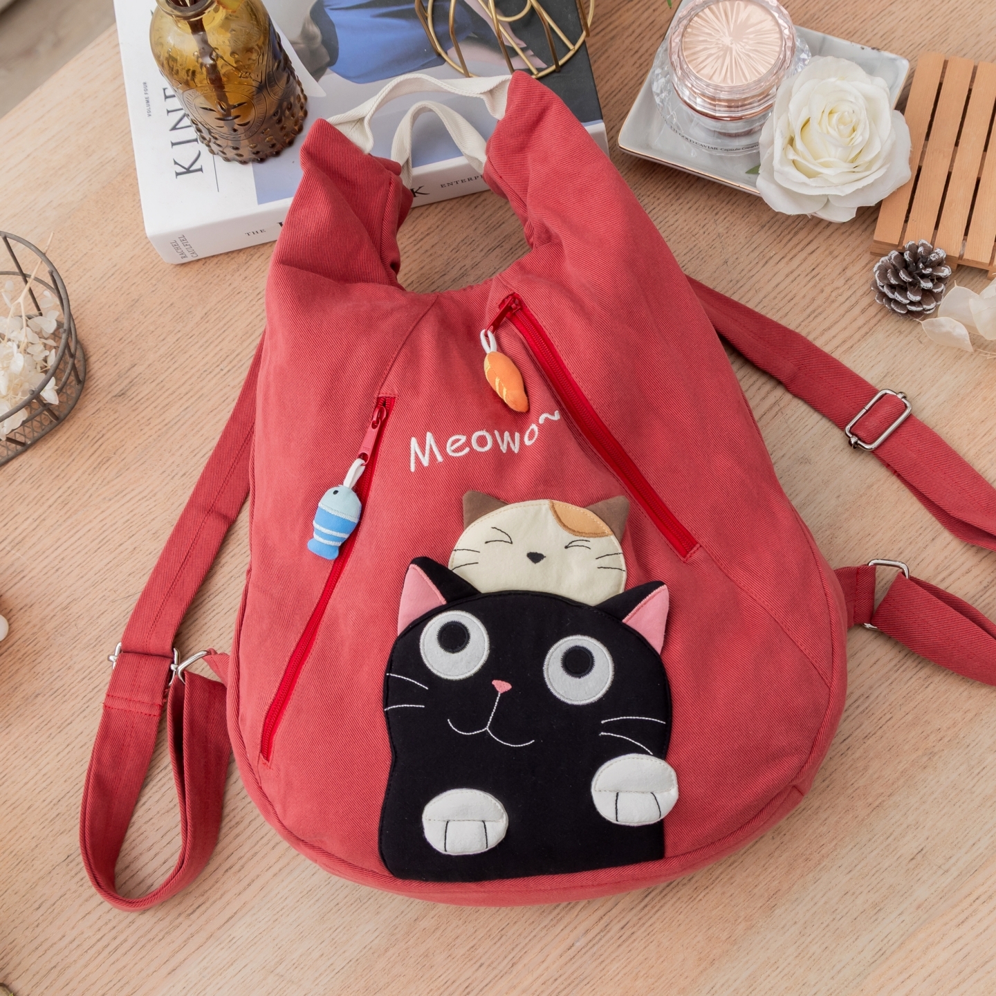 可爱啵啵猫 LB25-005 卡通猫咪纯棉布双肩包后背包新款轻便越南产
