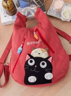 可爱啵啵猫 LB25-005 卡通猫咪纯棉布双肩包后背包新款轻便越南产