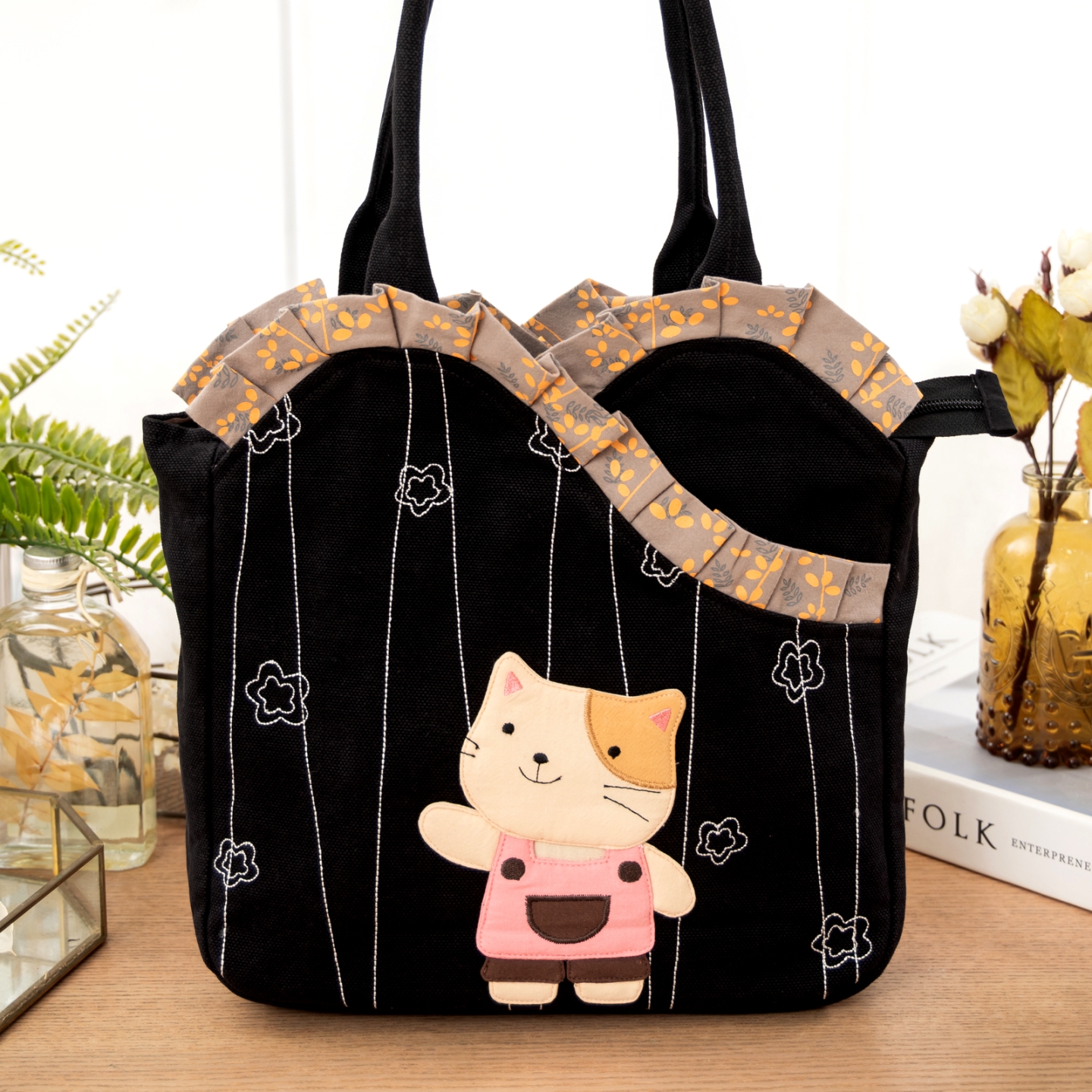 可爱啵啵猫咪 LB25-018 纯棉布艺三层多口袋手提包越南产新款帆布