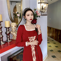 Real price new year's red dress with retro French square collar waistband dress