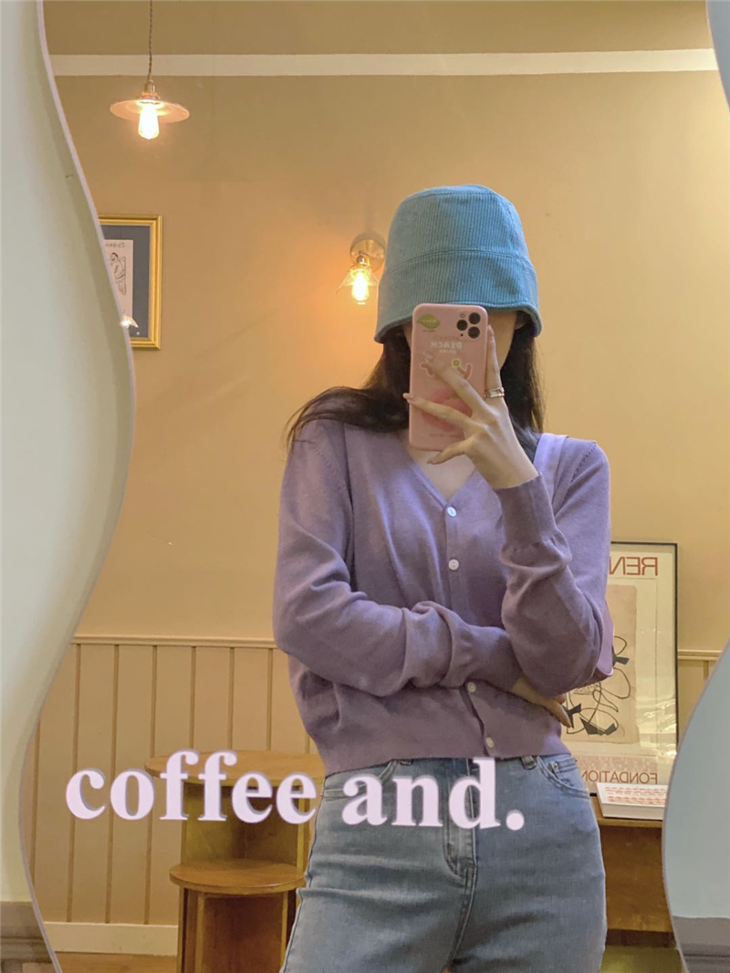 Real price purple knitted cardigan loose neck sweater coat short short short man with top