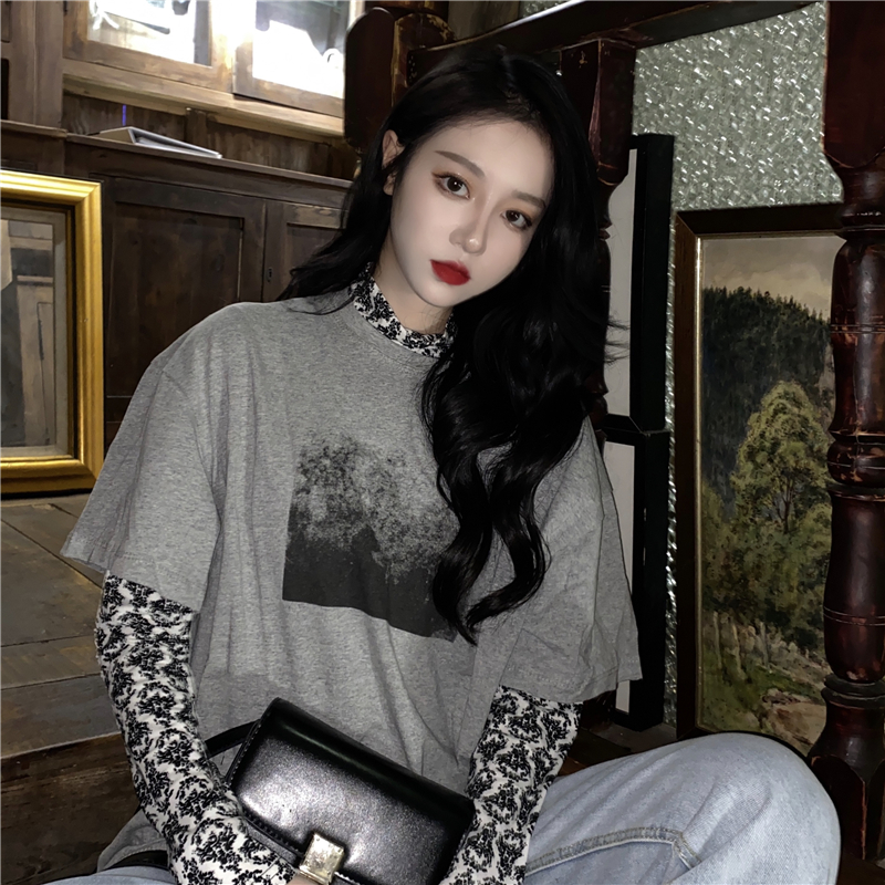 Real price retro leopard print bottomed shirt slim fit with half high collar T-shirt long sleeve versatile top