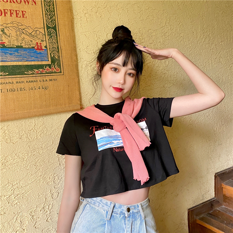 Real price girl print short T-shirt + retro elastic ear edge knitted cardigan thin coat