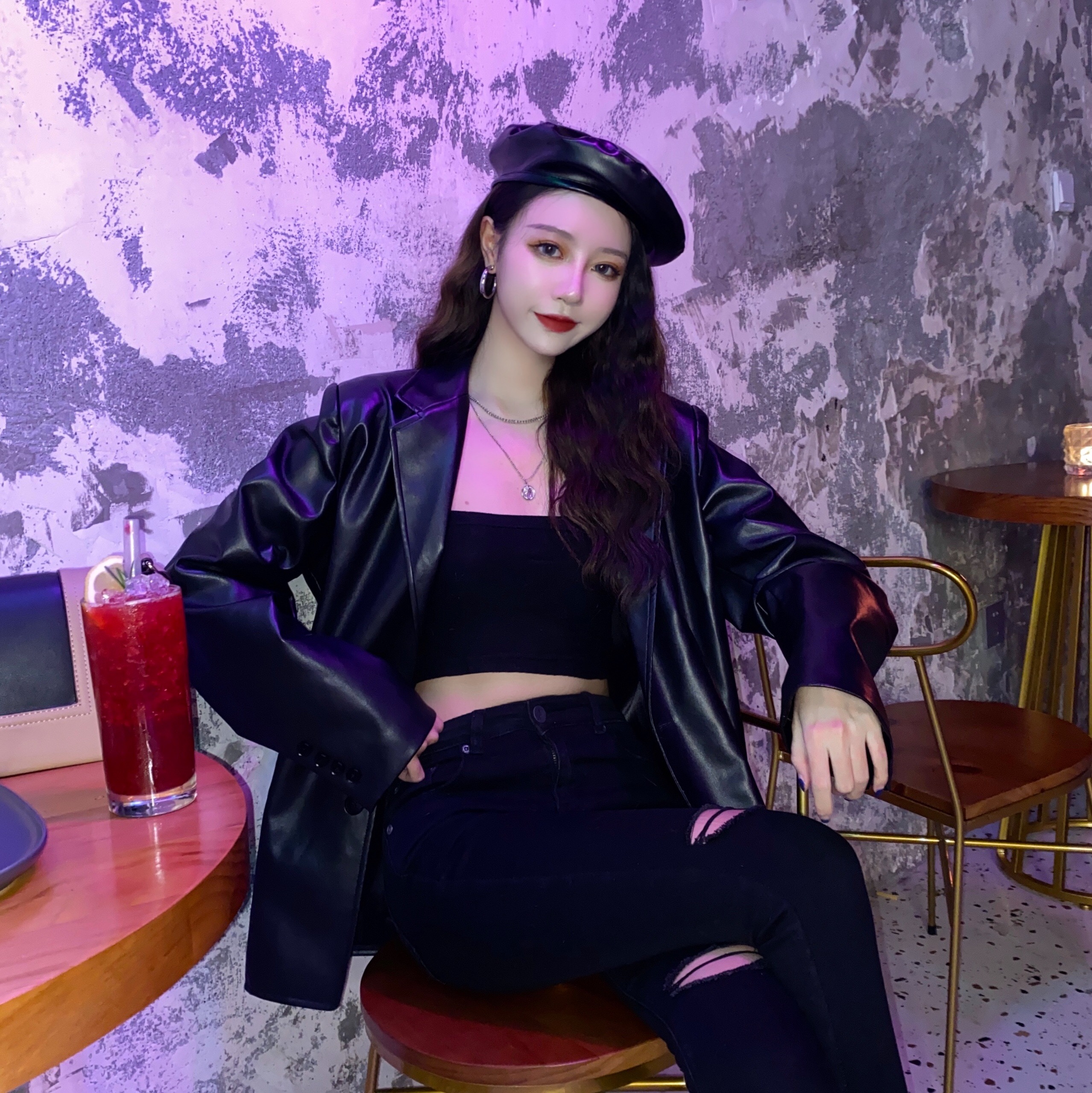 Real price cool leather coat locomotive loose medium length Retro Leather Long Sleeve Top