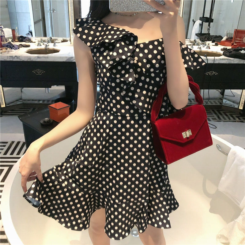 Real price holiday sexy off shoulder retro wave point temperament one shoulder dress