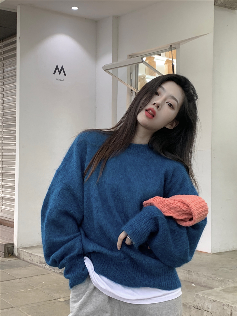 Real price treasure blue knitted sweater winter new lazy loose Mohair Knitted Top