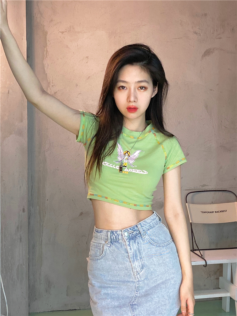 Real shot real price Jennie wind waist T-shirt summer Korean loose design short open navel round neck top