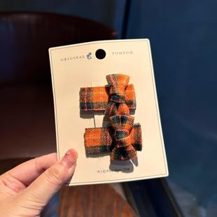 【清仓】韩国original pom pom彩色布艺格纹蝴蝶结鸭嘴夹发夹发卡