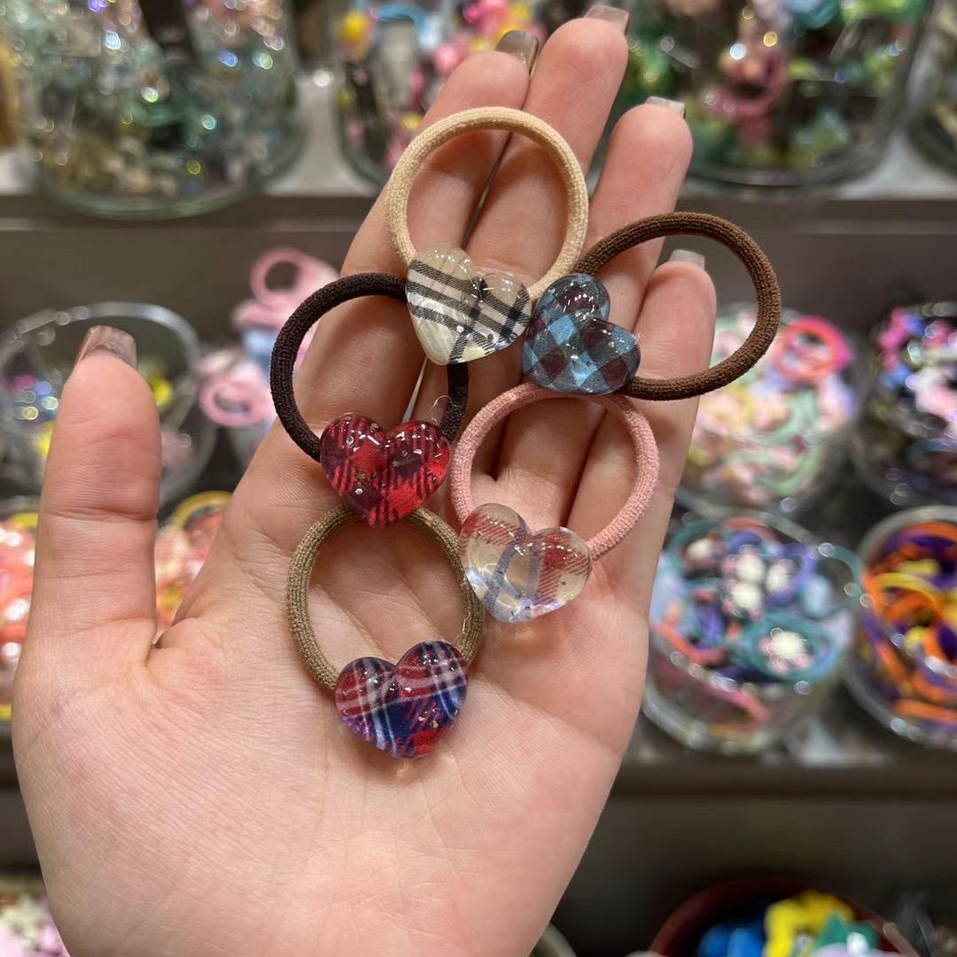 复古格纹爱心弹力小皮筋头绳发圈