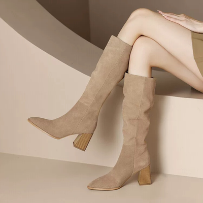 秋冬2025新款高筒堆堆靴骑士靴中筒黑色杏色真皮牛反绒尖头长靴