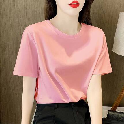品牌正肩粉色短袖t恤女2023新款圆领半截袖丅恤t桖显瘦上衣夏季土