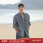 蓝色牛仔条纹长袖 衬衫 男春季 吕小虎ACTUP 翻领工装 衬衣青少年外套