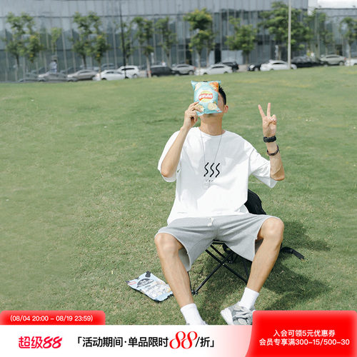 日系复古ins波浪印花学生男士t恤