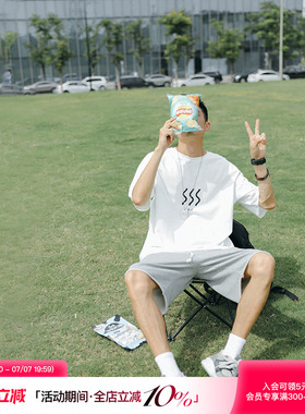 夏季日系复古男士T恤 潮流简约ins波浪印花短袖学生纯棉宽松Tee男