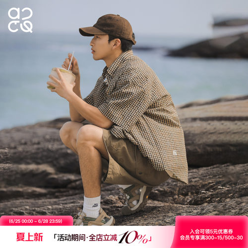 ACTUP夏季泡泡纱格子短袖衬衫男