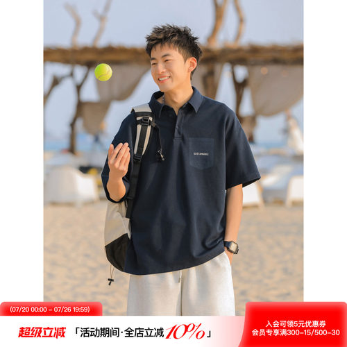 美式休闲字母印花翻领POLO衫T恤