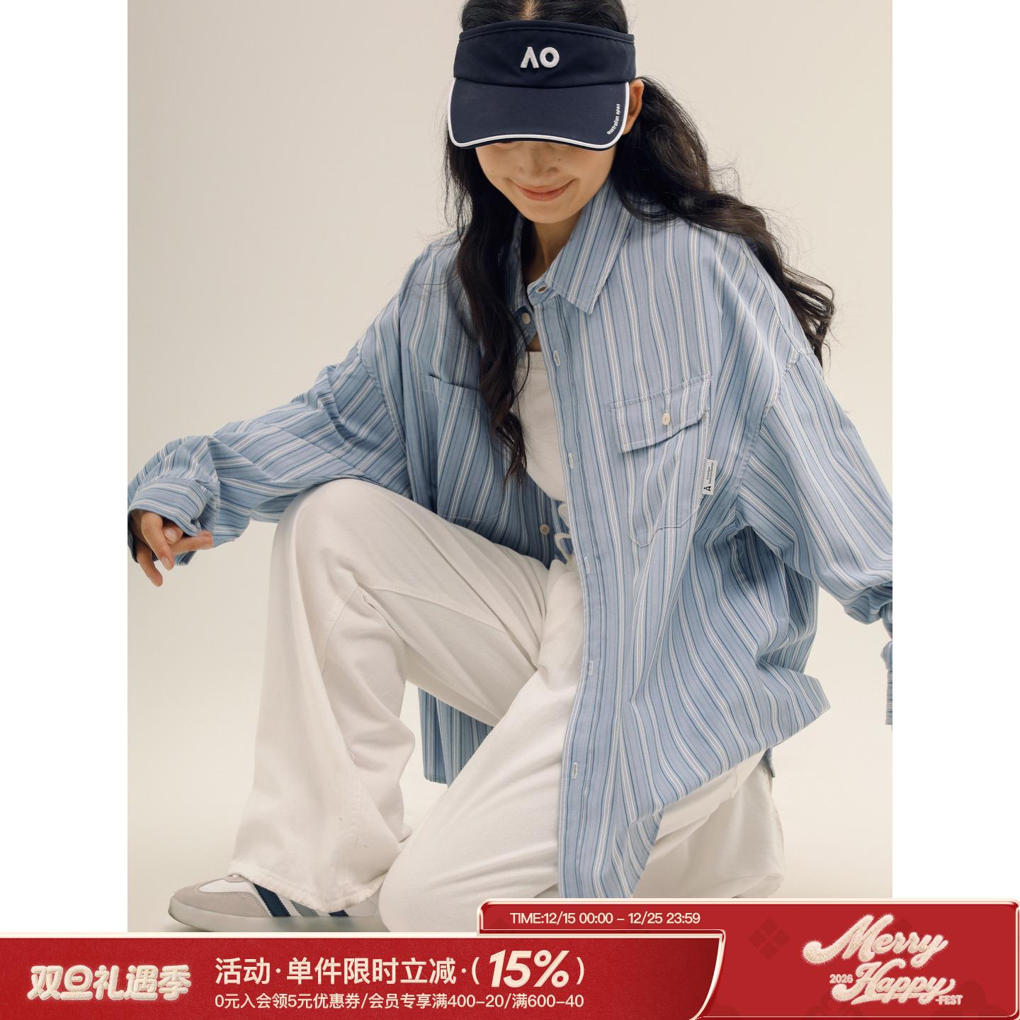 吕小虎ACTUP 潮牌ins条纹翻领长袖衬衫男秋季不规则口袋衬衣外套