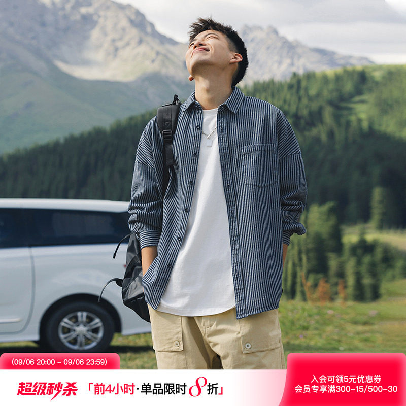 美式潮牌条纹牛仔长袖衬衫外套										