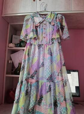 马克华非甜美复古印花雪纺连衣裙舒服的面料滑滑软软的面料